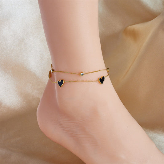 Noir Heart Anklet-Gold Double Chain Black Heart Anklet