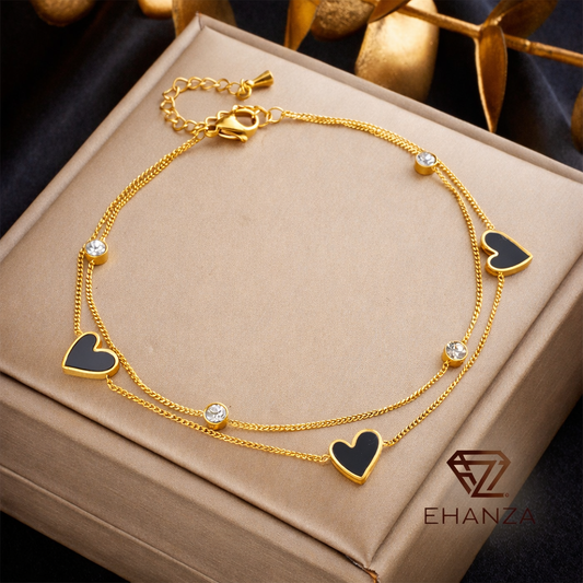 Noir Heart Anklet-Gold Double Chain Black Heart Anklet
